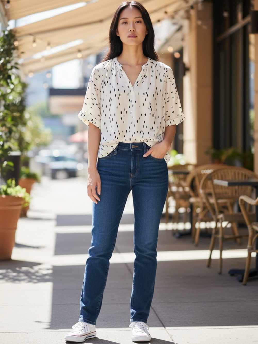 Worthington Cream Blouse with Black Dot Print